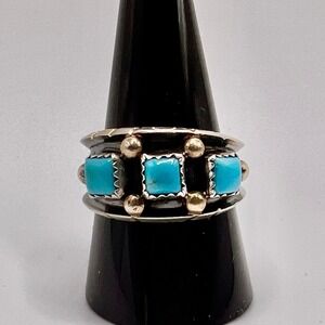 Native American Sterling Silver Turquoise Square Stone Band Sz 10.75 Signed RC